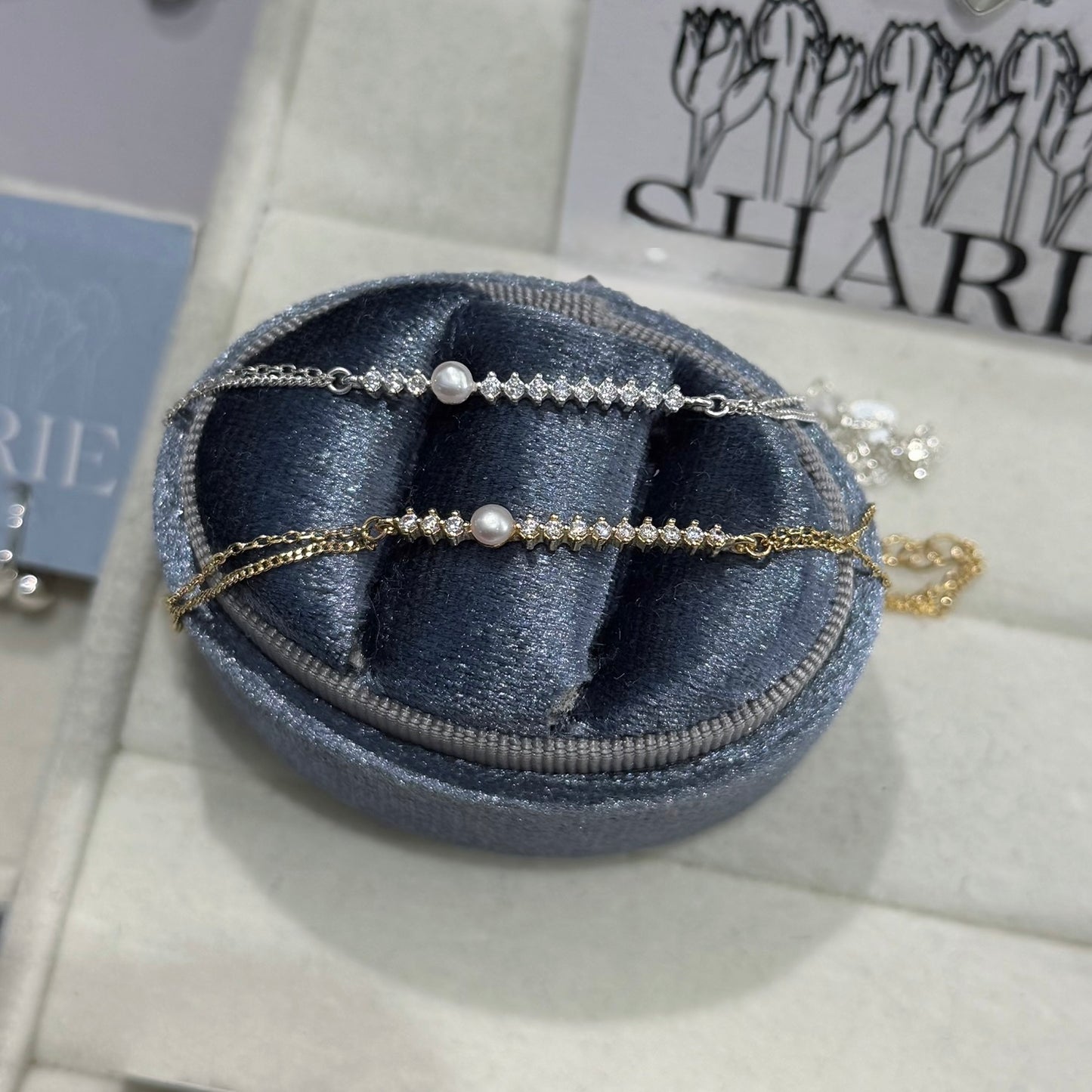 #349 Shiny Stones Bracelet with Freshwater Pearl | 925 Silver