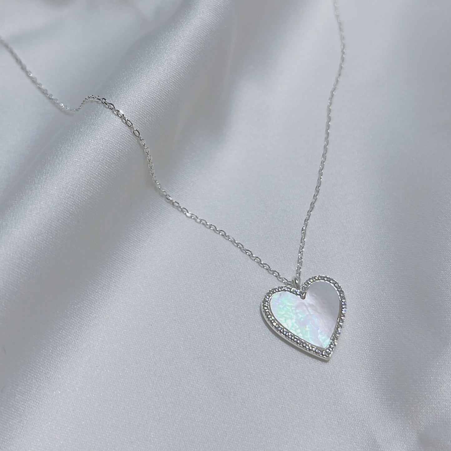 heart-shaped mother pearl with cubic zirconia stone necklace, 925 silver, 韓國銀飾, 心形貝母鋯石項鍊