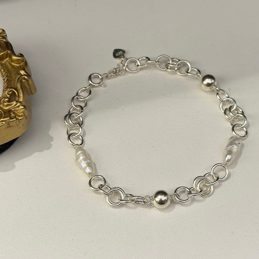 #390 Silver Ball and Chains Baroque Freshwater Pearl Bracelet | 925 Silver