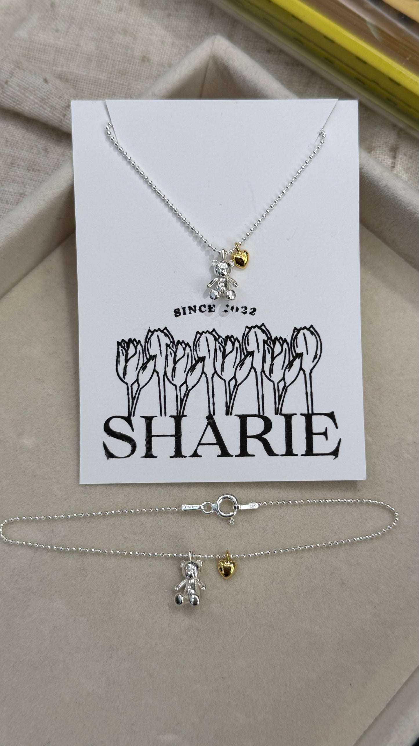 #379 | Teddy Bear and Golden Heart Necklace丨925 Silver