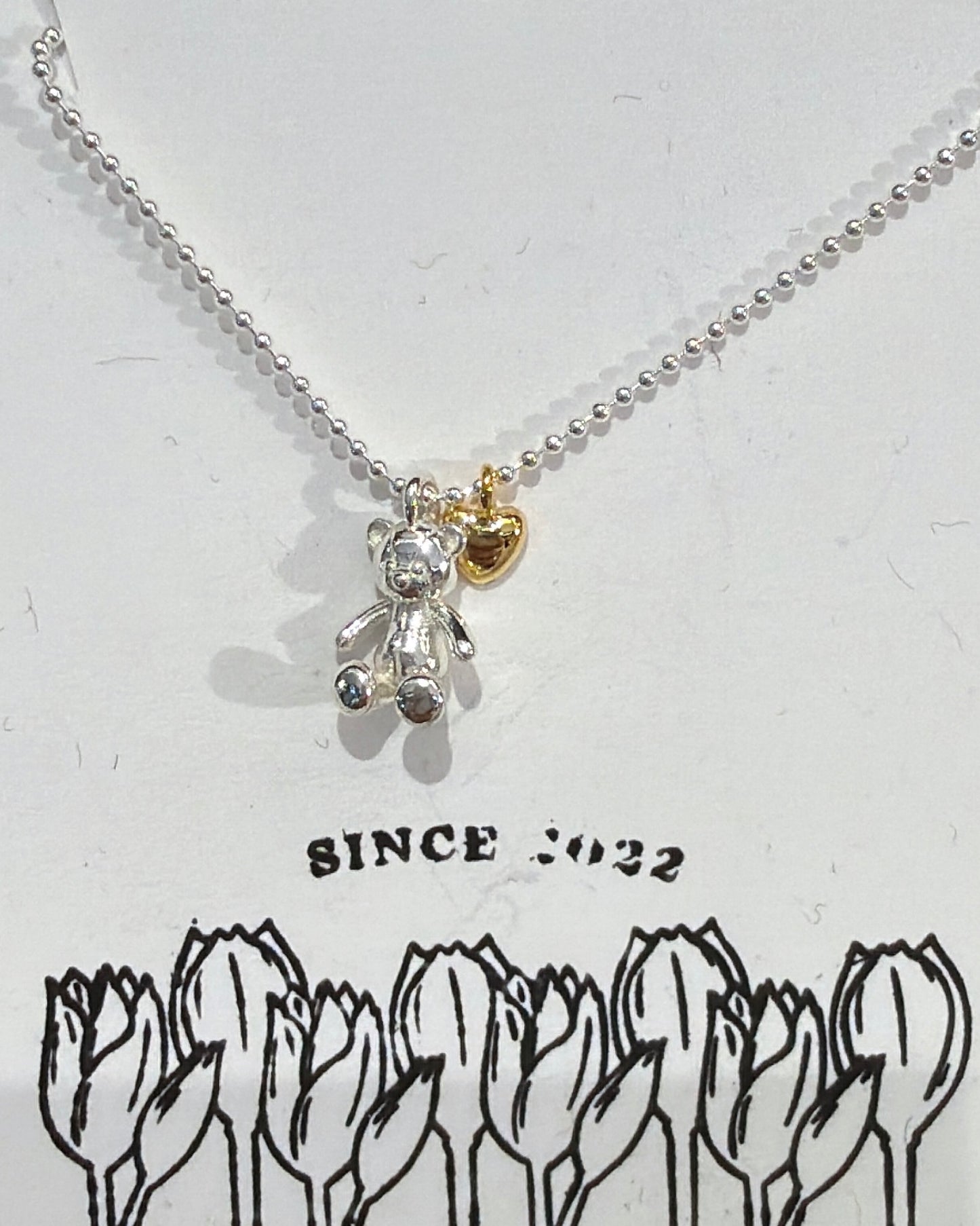 #379 | Teddy Bear and Golden Heart Necklace丨925 Silver