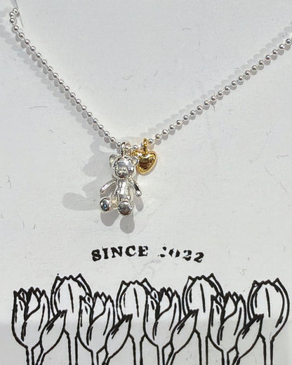 #379 | Teddy Bear and Golden Heart Necklace丨925 Silver