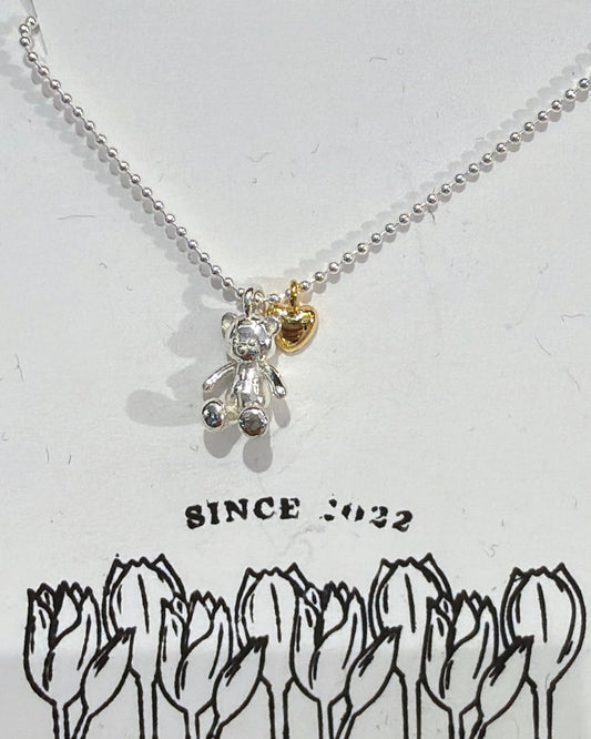 #379 | Teddy Bear and Golden Heart Necklace丨925 Silver