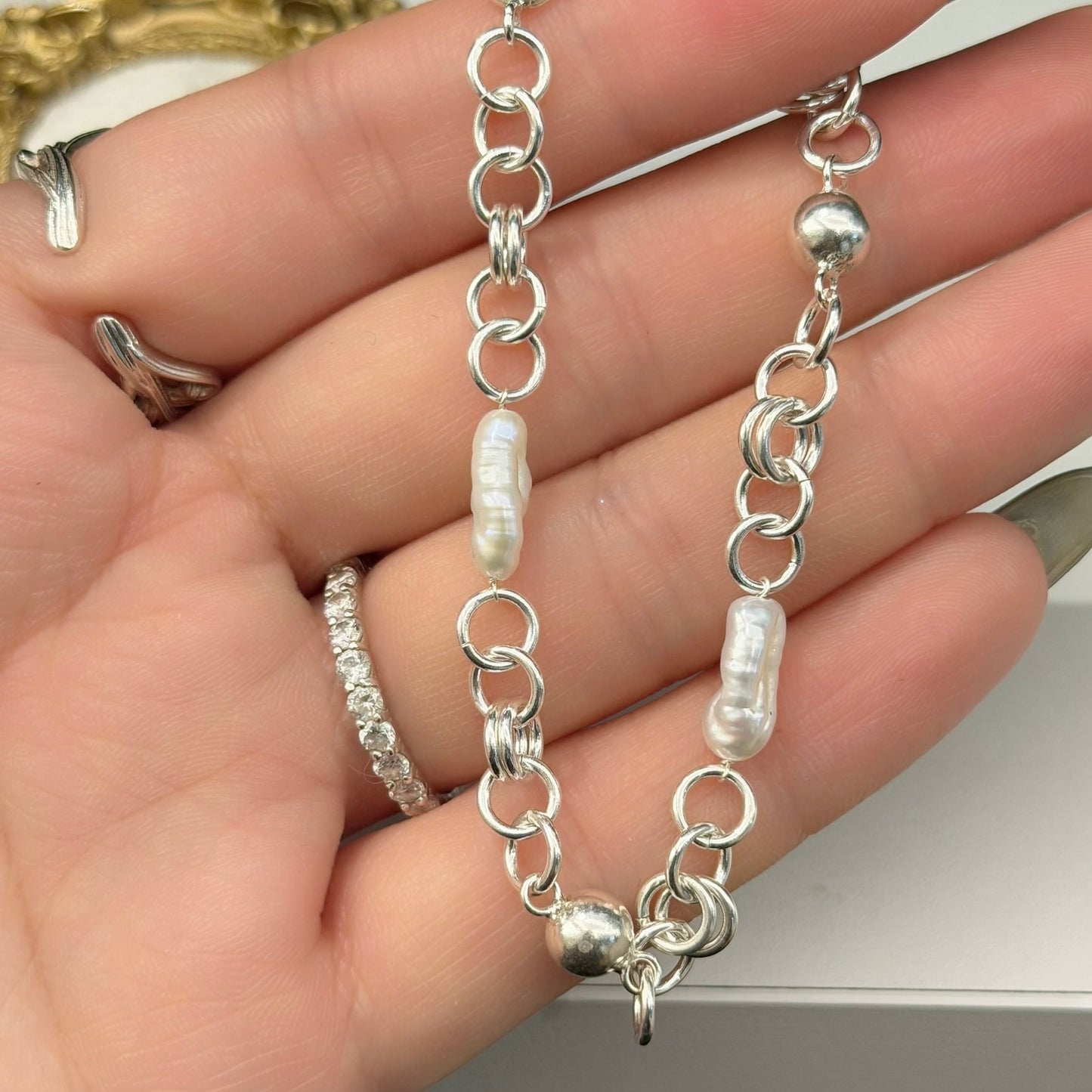 #390 Silver Ball and Chains Baroque Freshwater Pearl Bracelet | 925 Silver