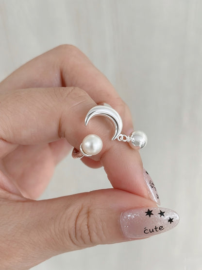 #576 | Moon and Sun Ring - Onyx and Pearl | 925 Silver