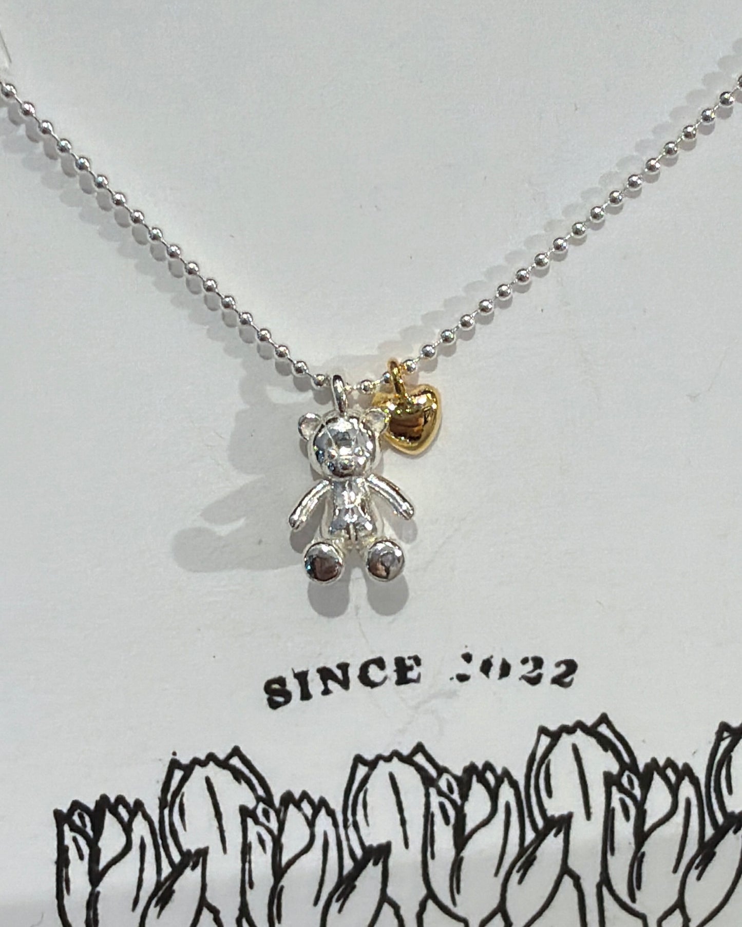 #379 | Teddy Bear and Golden Heart Necklace丨925 Silver