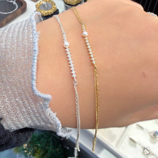 #349 Shiny Stones Bracelet with Freshwater Pearl | 925 Silver