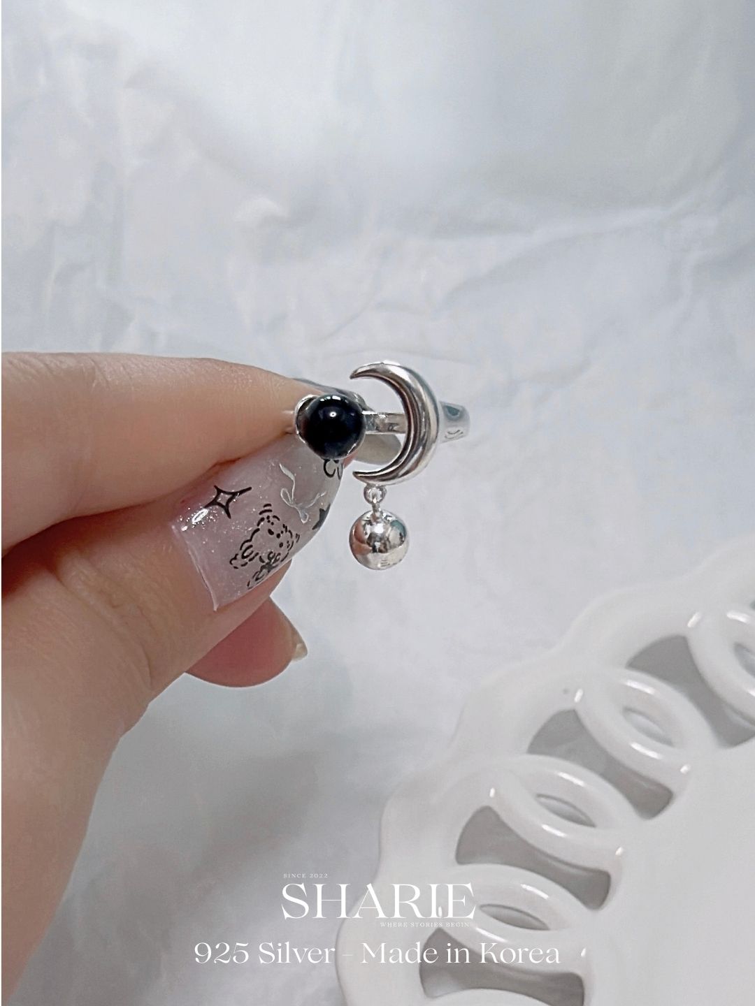 #576 | Moon and Sun Ring - Onyx and Pearl | 925 Silver