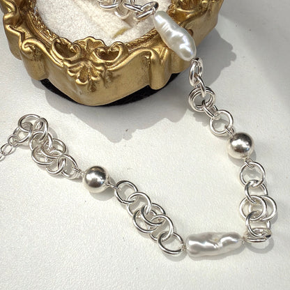 #390 Silver Ball and Chains Baroque Freshwater Pearl Bracelet | 925 Silver