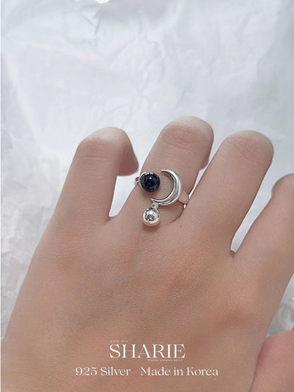 #576 | Moon and Sun Ring - Onyx and Pearl | 925 Silver