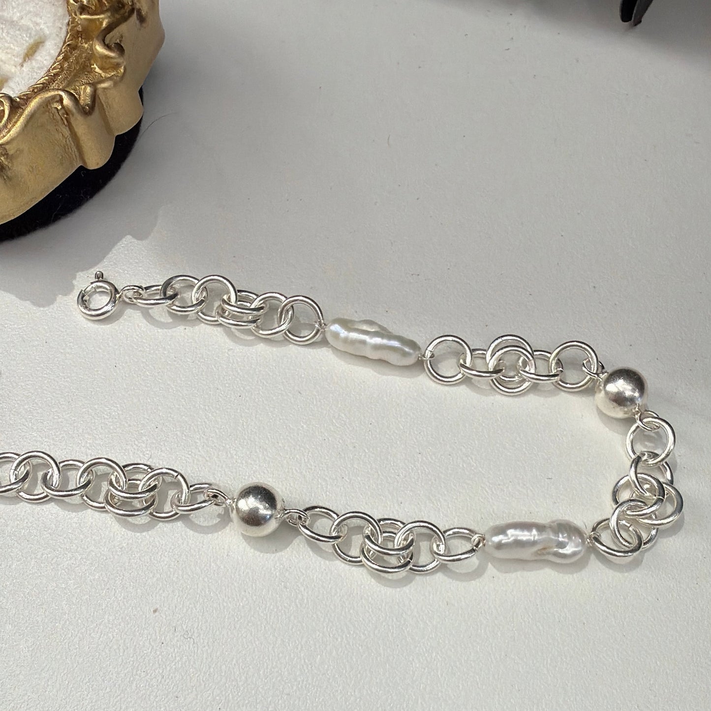 #390 Silver Ball and Chains Baroque Freshwater Pearl Bracelet | 925 Silver