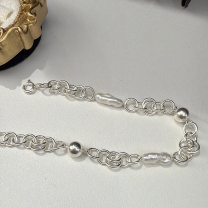 #390 Silver Ball and Chains Baroque Freshwater Pearl Bracelet | 925 Silver