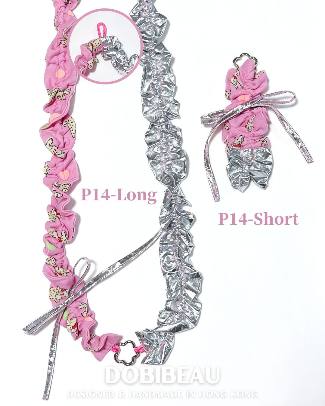 P14 | 鮮粉紅小狗配銀色(半半)電話繩 🇰🇷 韓國親膚布料 | 電話繩 Phone Strap | DOBIBEAU