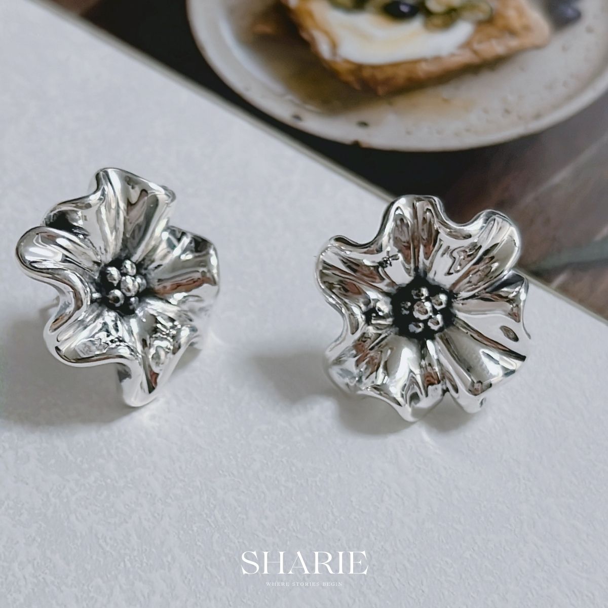 Big flower earrings, silver earring, y2k, year of 2k generation, y2k accessories, korea silver