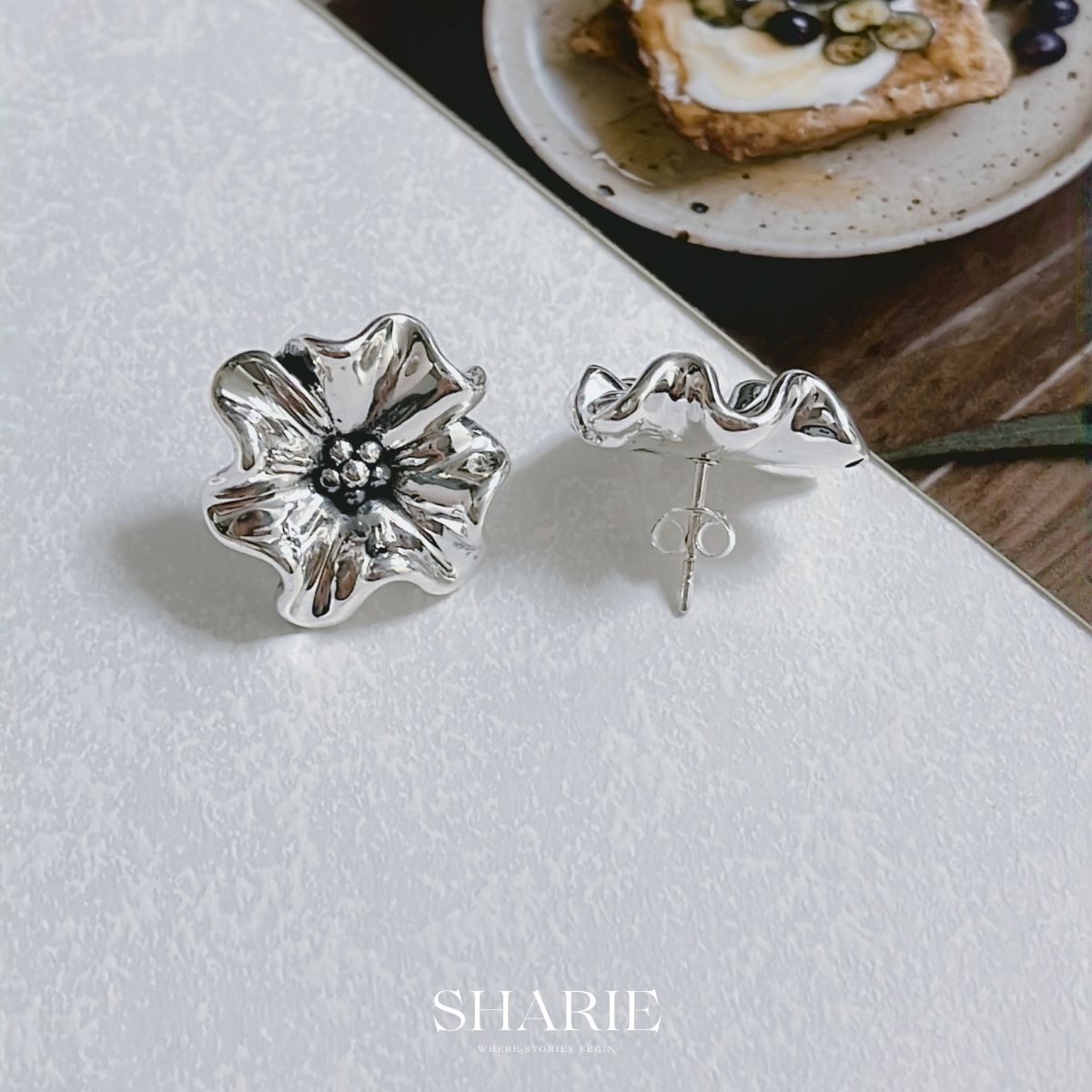 Big flower earrings, silver earring, y2k, year of 2k generation, y2k accessories, korea silver