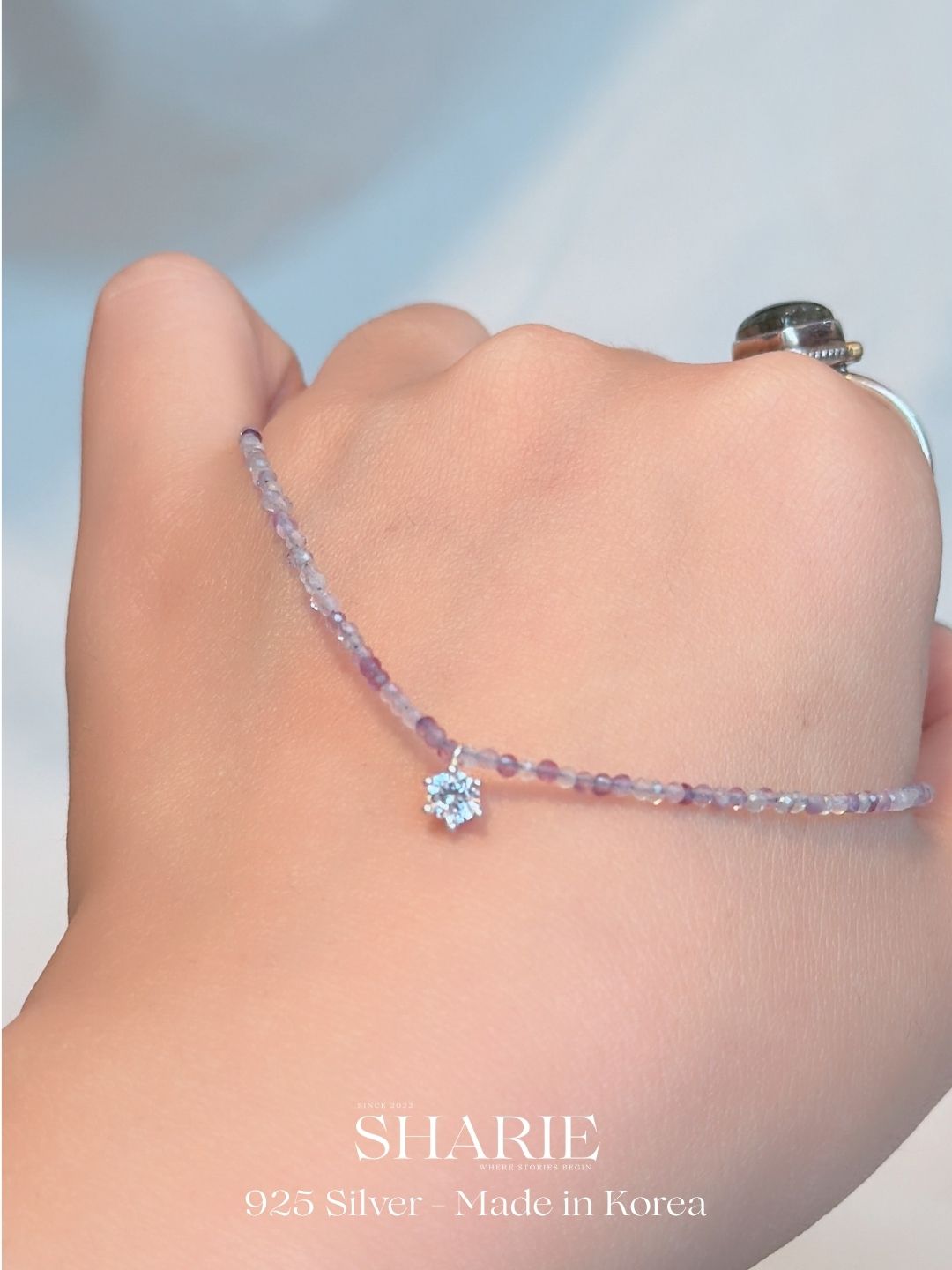 #754 | CZ Stone + Purple Natural Fluorite Stone Necklace丨925 Silver