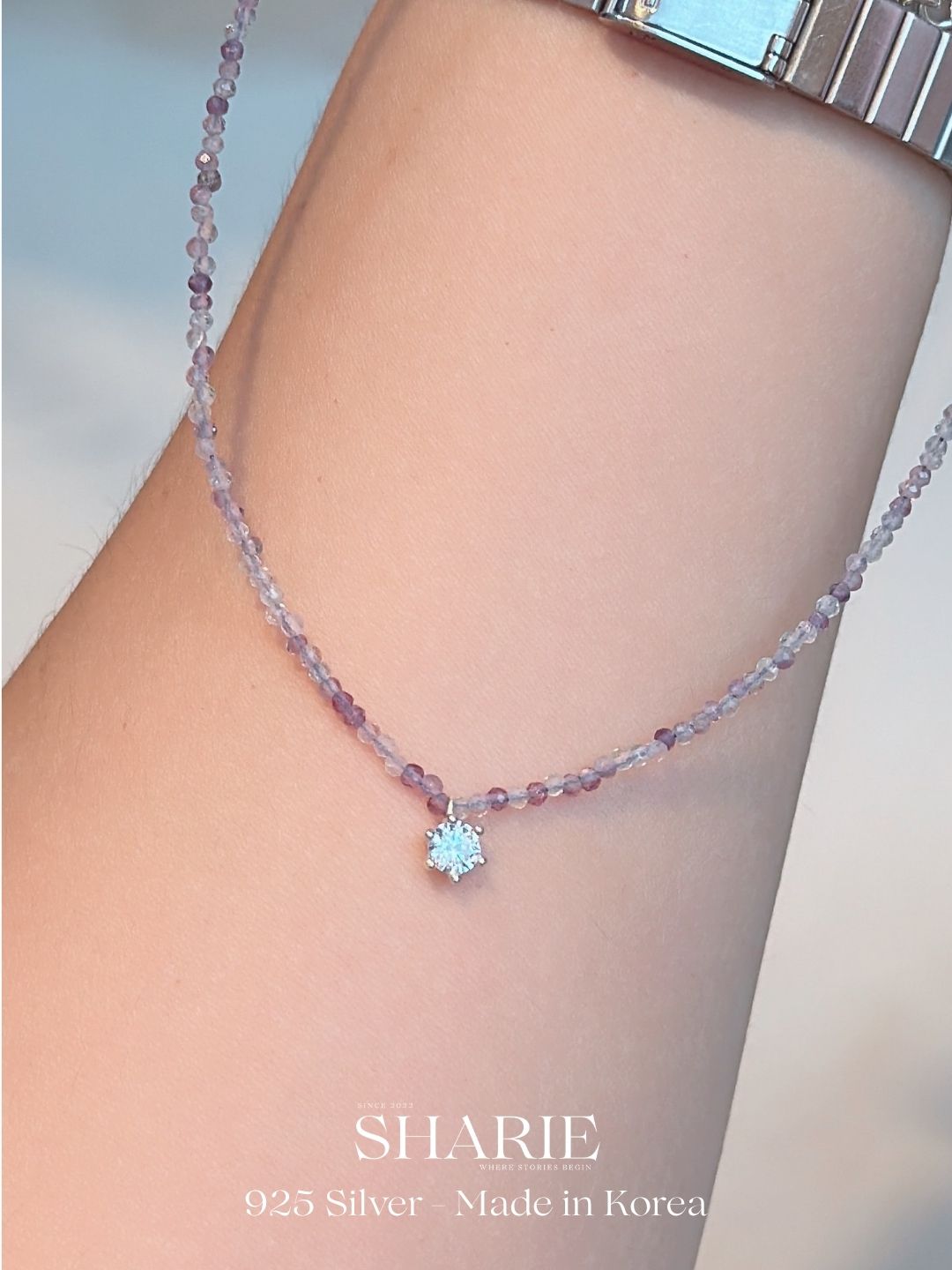 #754 | CZ Stone + Purple Natural Fluorite Stone Necklace丨925 Silver