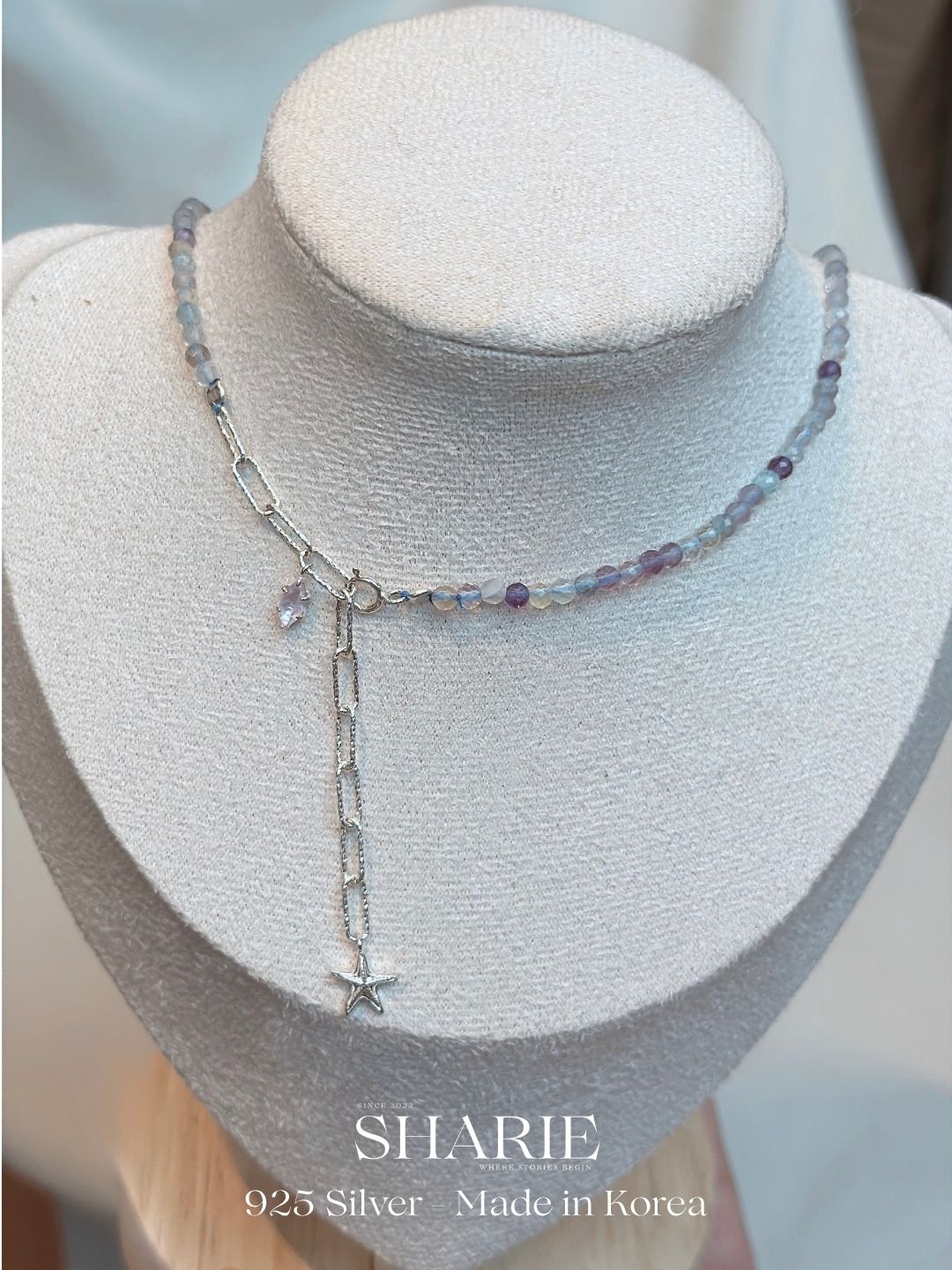 #753 | Starfish with Purple Natural Fluorite Stone Necklace丨925 Silver