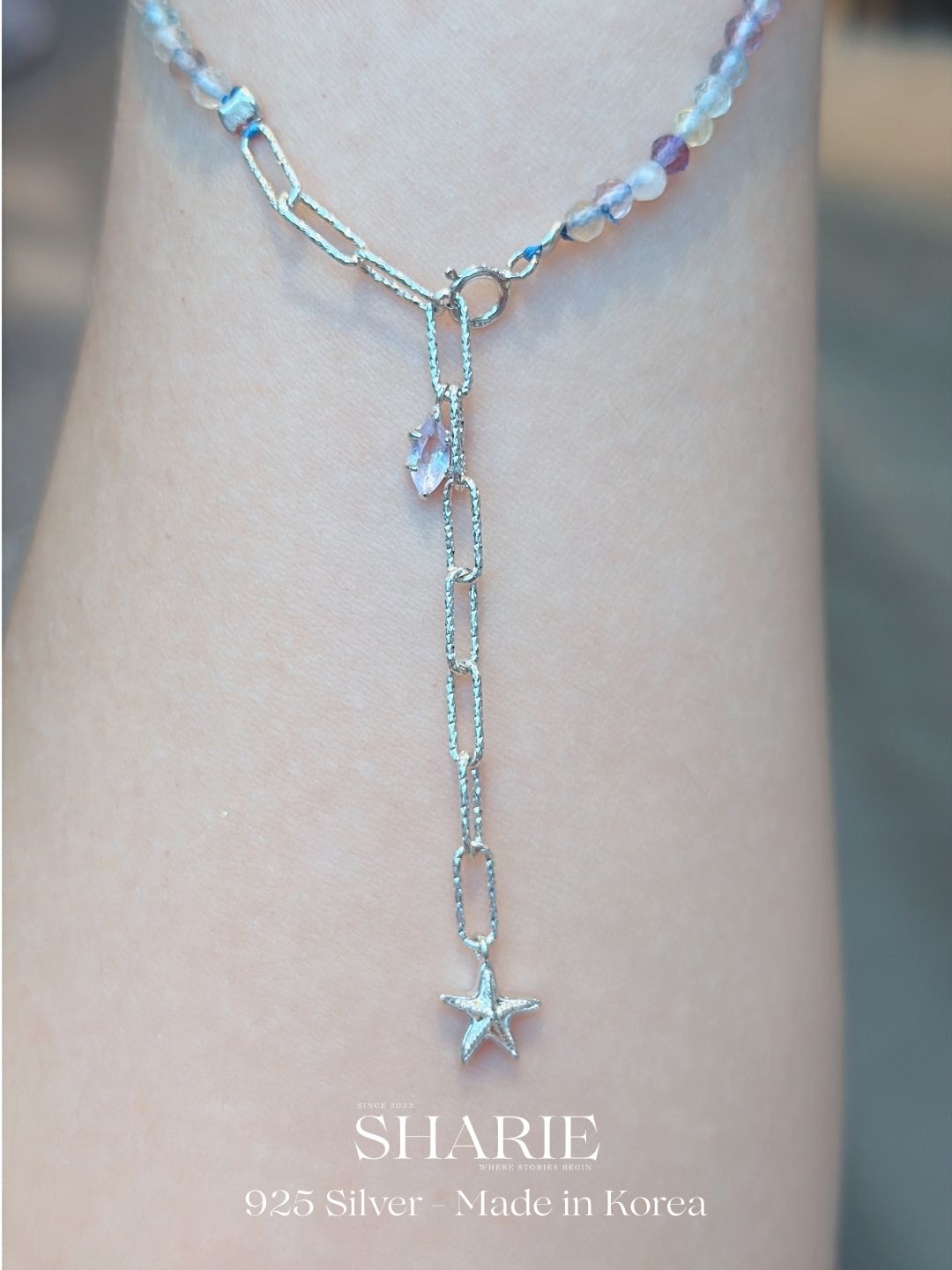#753 | Starfish with Purple Natural Fluorite Stone Necklace丨925 Silver