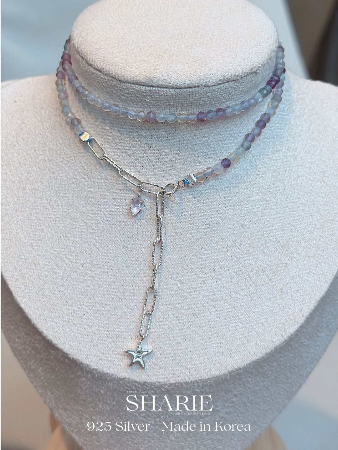 #753 | Starfish with Purple Natural Fluorite Stone Necklace丨925 Silver