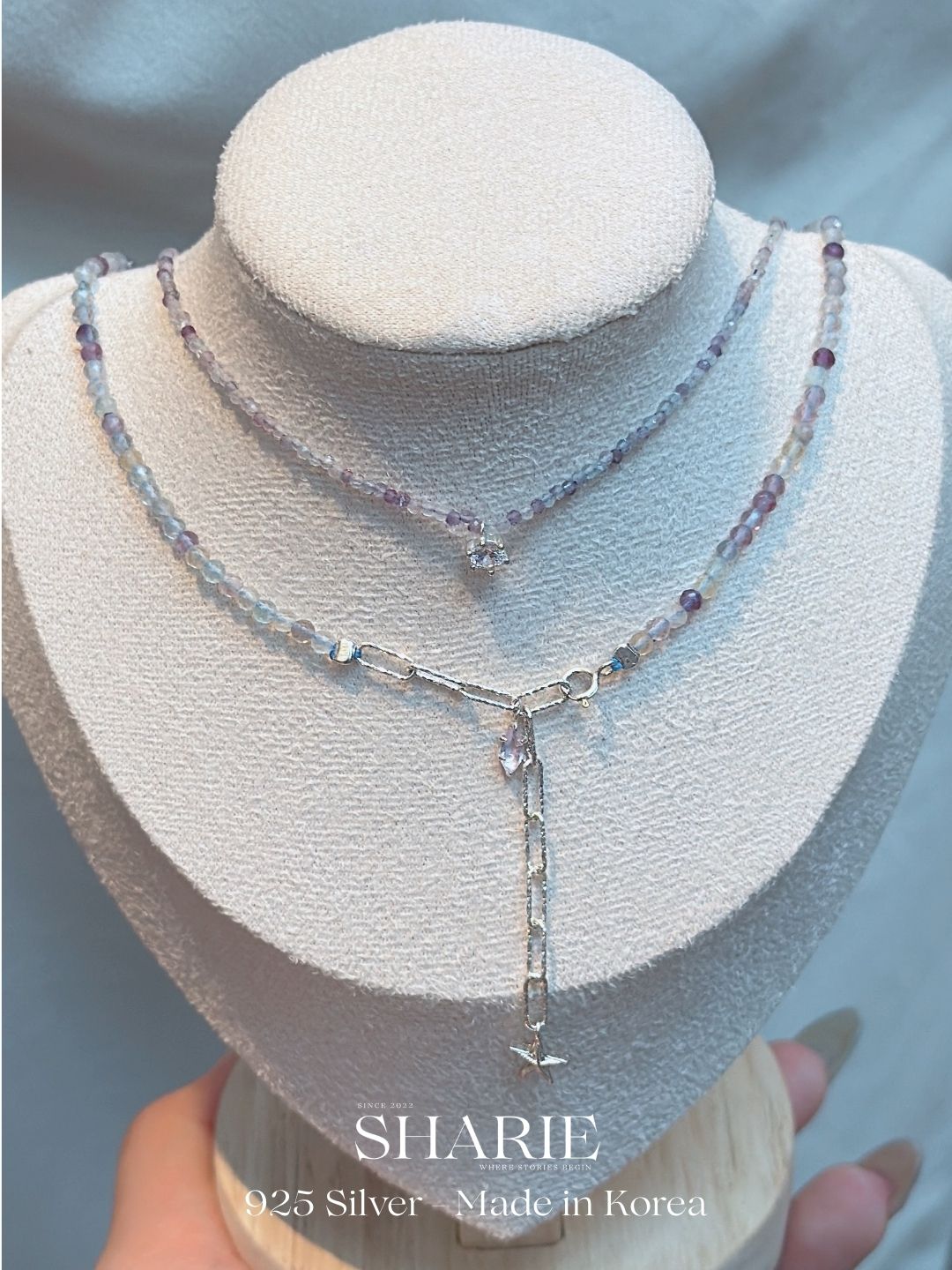 #754 | CZ Stone + Purple Natural Fluorite Stone Necklace丨925 Silver