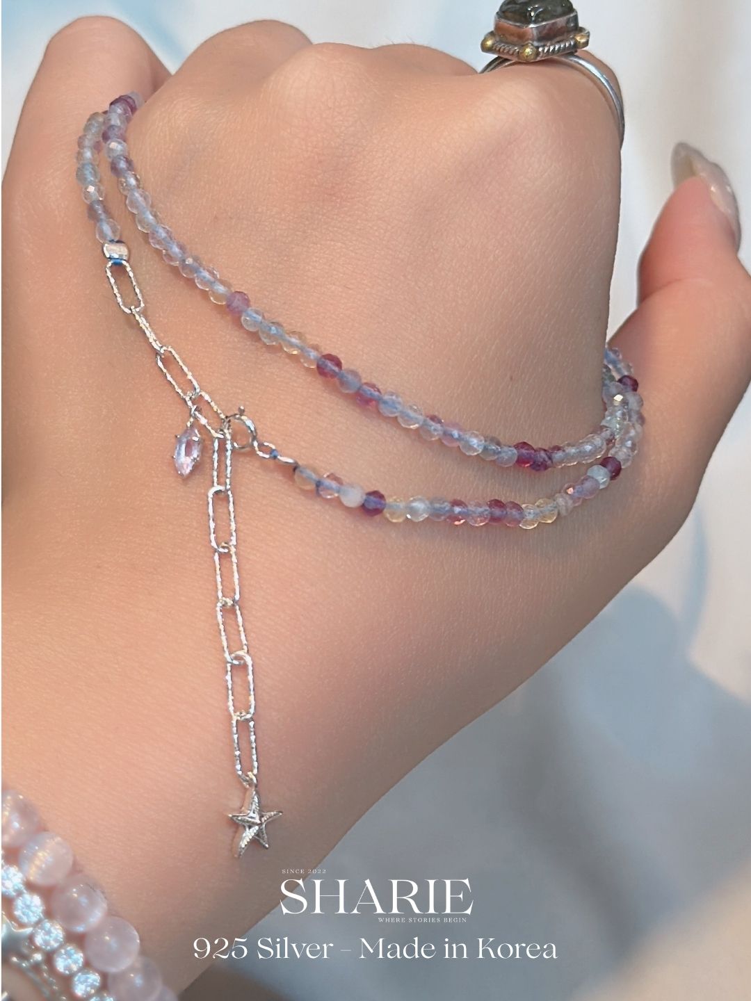 #753 | Starfish with Purple Natural Fluorite Stone Necklace丨925 Silver