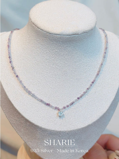 #754 | CZ Stone + Purple Natural Fluorite Stone Necklace丨925 Silver