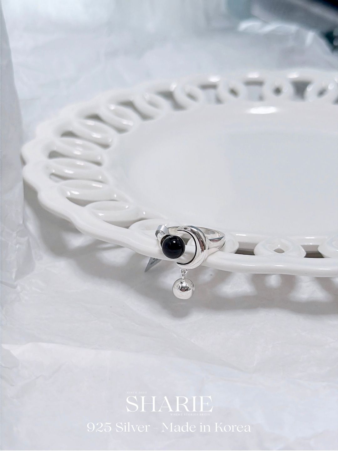 #576 | Moon and Sun Ring - Onyx and Pearl | 925 Silver