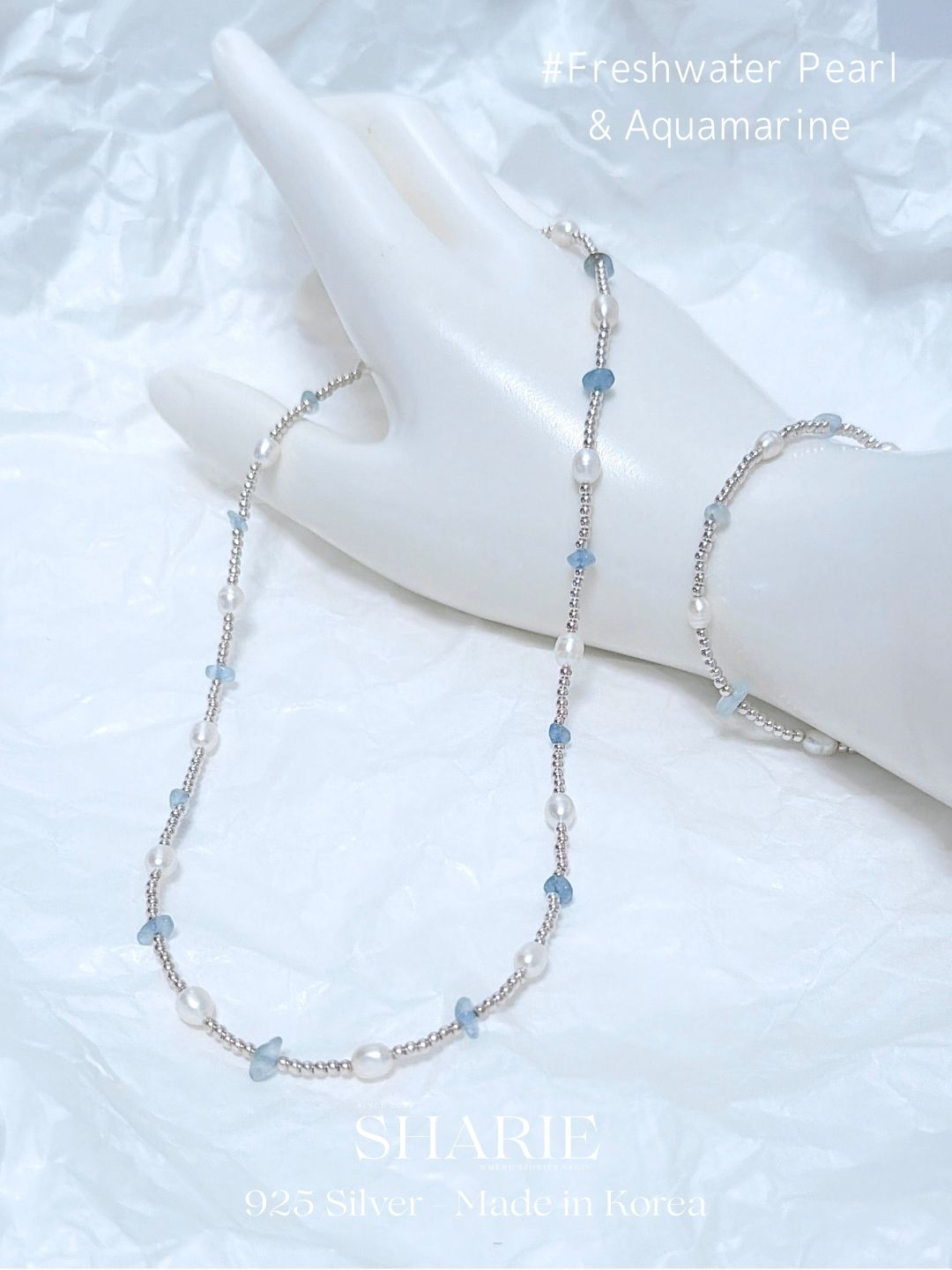 #659 | The Ocean Bracelet - Freshwater Pearl and Aquamarine | 925 Silver