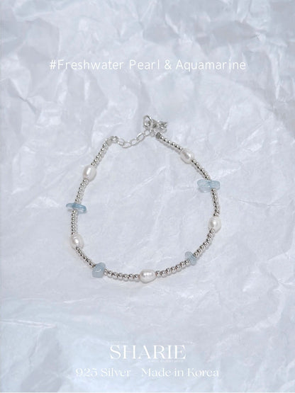 #659 | The Ocean Bracelet - Freshwater Pearl and Aquamarine | 925 Silver