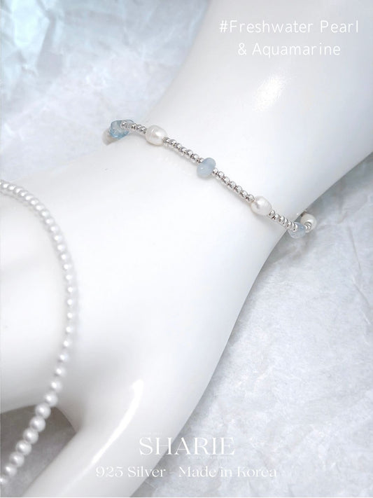 #659 | The Ocean Bracelet - Freshwater Pearl and Aquamarine | 925 Silver