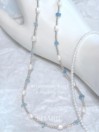 #660 | The Ocean Necklace - Freshwater Pearl and Aquamarine | 925 Silver