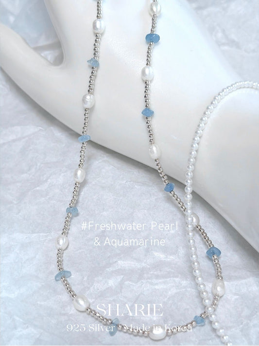 #660 | The Ocean Necklace - Freshwater Pearl and Aquamarine | 925 Silver