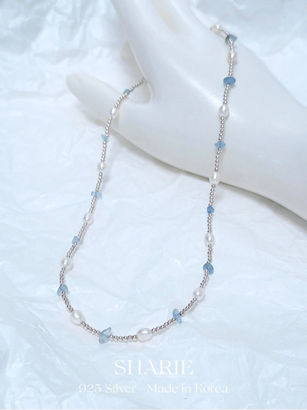 #660 | The Ocean Necklace - Freshwater Pearl and Aquamarine | 925 Silver